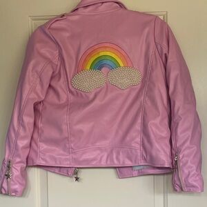 Lola + The Boys faux leather jacket with Rainbow embroidered on back- size 14